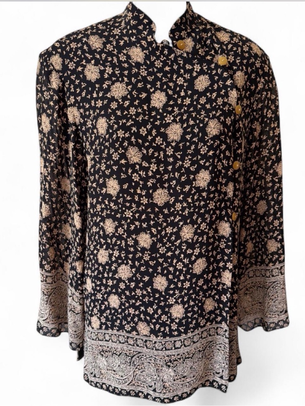 Liz Claiborne size 4 long sleeve black and tan floral button up tunic .